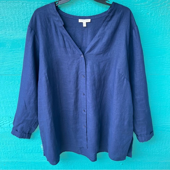 EILEEN FISHER LINEN ORGANIC MANDARIN COLLAR BUTTON DOWN SHIRT SIZE 1X NAVY BLUE - Picture 8 of 8